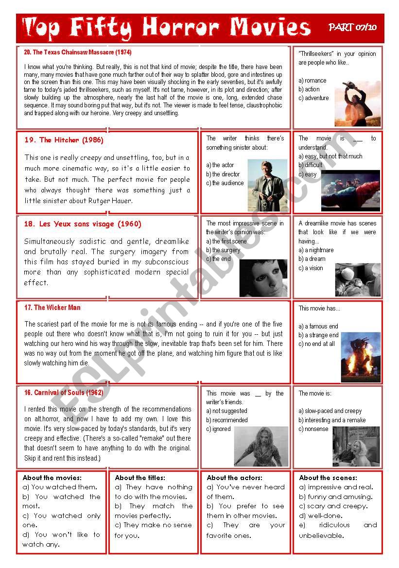 Top Fifty Horror Movies (part 7/10)  Comprehension + test + debate [2 pages] *editable
